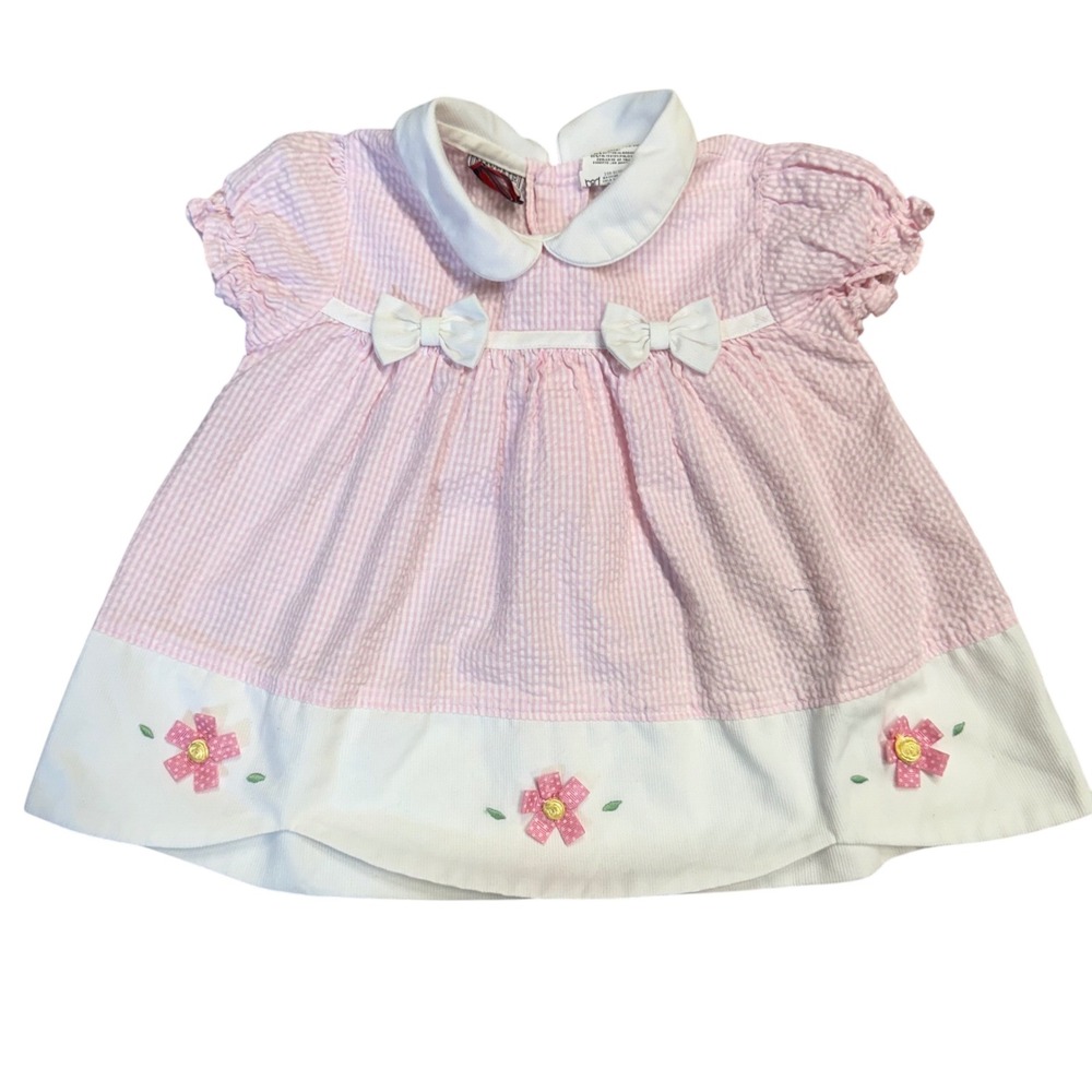 Matilda Kids Seersucker Dress Pink‎ White Floral Bows Easter Spring 12 Months
